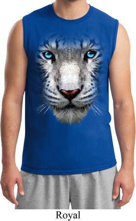 Mens White Tiger Shirt Big White Tiger Face Muscle Tee T-Shirt