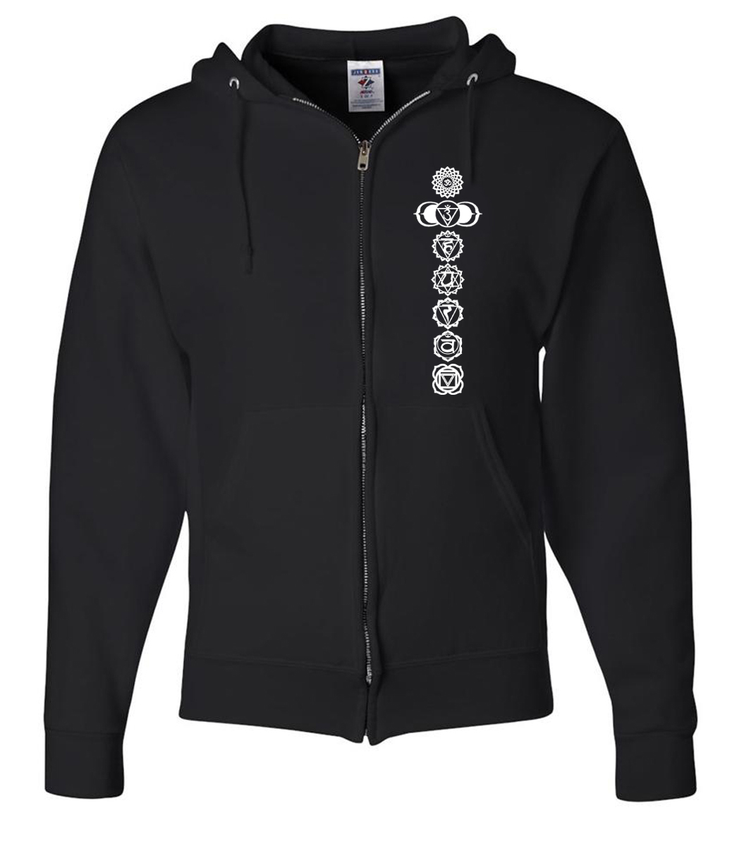 Mens Yoga Full Zip Hoodie 7 Chakras White Print 7 Chakras White Print