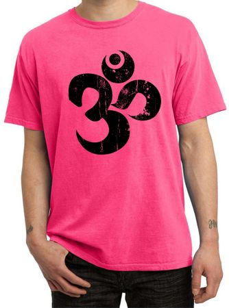 Mens Yoga Shirt Black Distressed OM Pigment Dyed Tee T-Shirt