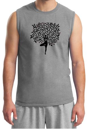 Mens Yoga Shirt Black Tree Pose Muscle Tee T-Shirt
