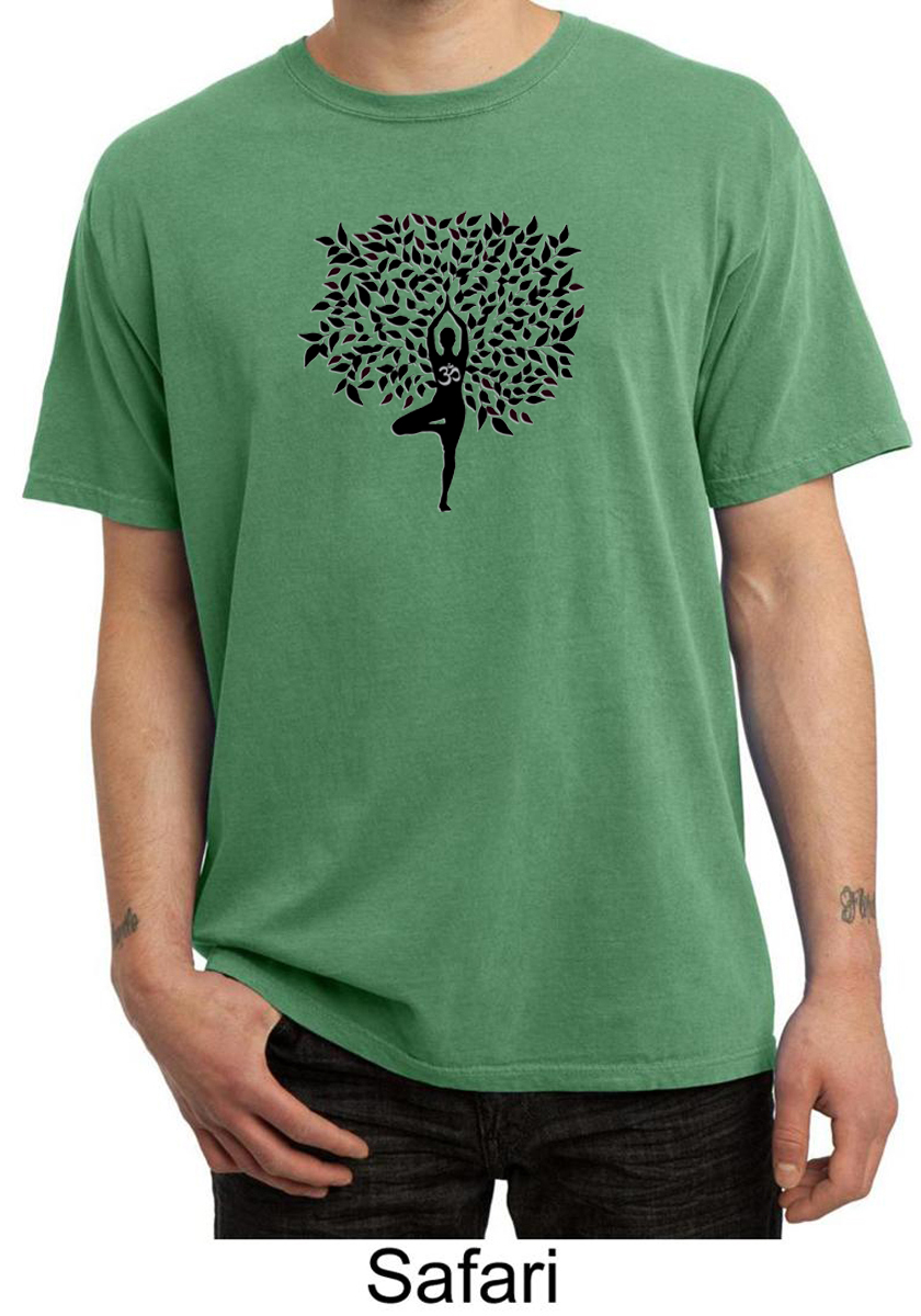Mens Yoga Shirt Black Tree Pose Pigment Dyed Tee TShirt Black Tree