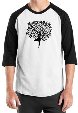 Mens Yoga Shirt Black Tree Pose Raglan Tee T-Shirt