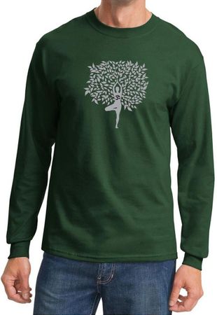 Mens Yoga Shirt Grey Tree Pose Long Sleeve Tee T-Shirt
