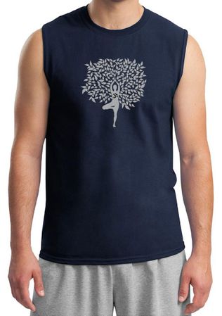 Mens Yoga Shirt Grey Tree Pose Muscle Tee T-Shirt