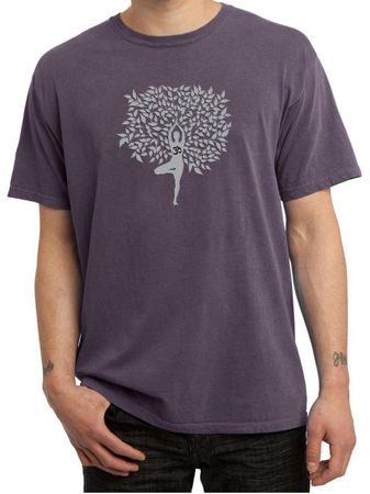 Mens Yoga Shirt Grey Tree Pose Pigment Dyed Tee T-Shirt