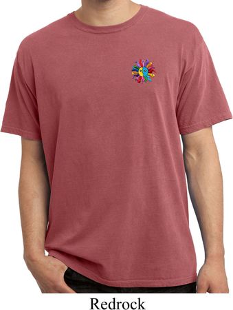 Mens Yoga Shirt Hippie Sun Patch Pocket Print Pigment Dyed Tee T-Shirt