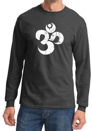 Mens Yoga Shirt White Distressed OM Long Sleeve Tee T-Shirt