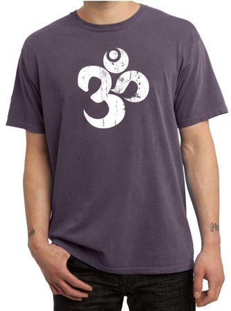 Mens Yoga Shirt White Distressed OM Pigment Dyed Tee T-Shirt