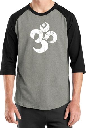 Mens Yoga Shirt White Distressed OM Raglan Tee T-Shirt