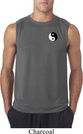 Mens Yoga Shirt Yin Yang Patch Pocket Print Sleeveless Tee T-Shirt