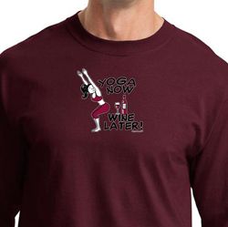 Mens Yoga Shirt Yoga Now Wine Later Long Sleeve Tee T-Shirt