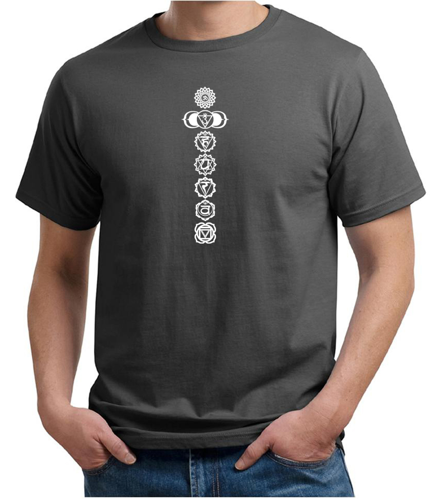 Mens Yoga Tshirt 7 Chakras White Print Organic Shirt 7 Chakras White