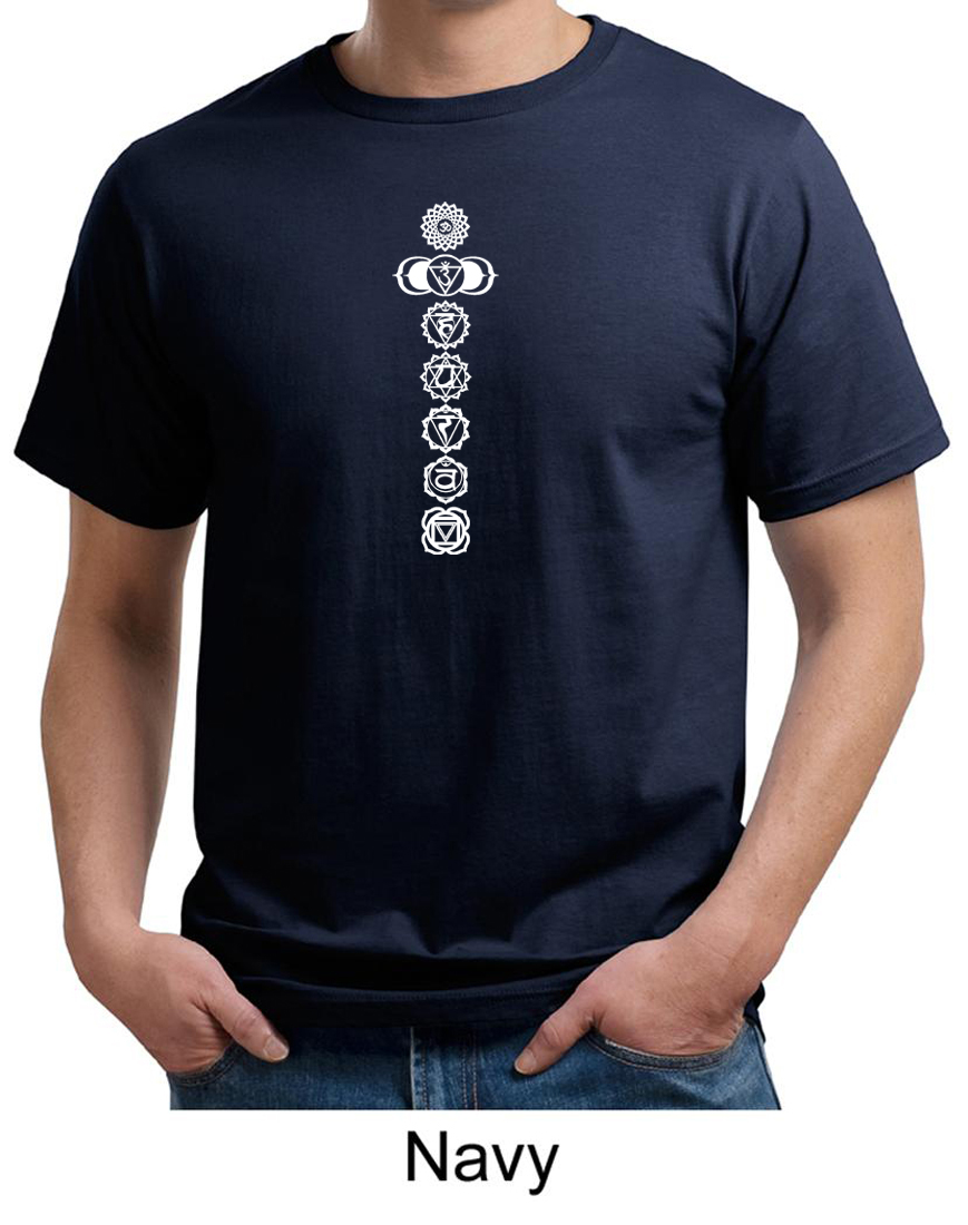 Mens Yoga Tshirt 7 Chakras White Print Organic Shirt 7 Chakras White