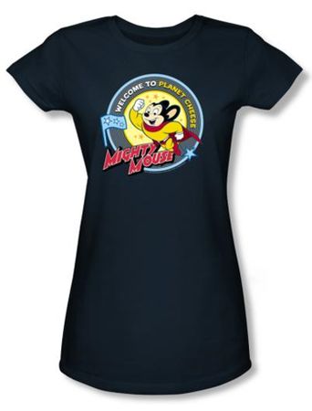 Mighty Mouse Juniors T-shirt Planet Cheese Girly Navy Blue Tee