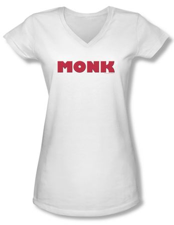 Monk Shirt Juniors V Neck Logo White Tee T-Shirt