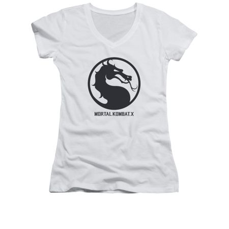 Mortal Kombat Shirt Juniors V Neck Black Dragon Logo White T-Shirt