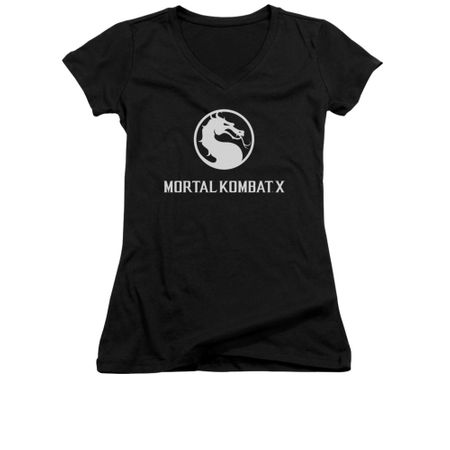 Mortal Kombat Shirt Juniors V Neck White Dragon Logo Black T-Shirt