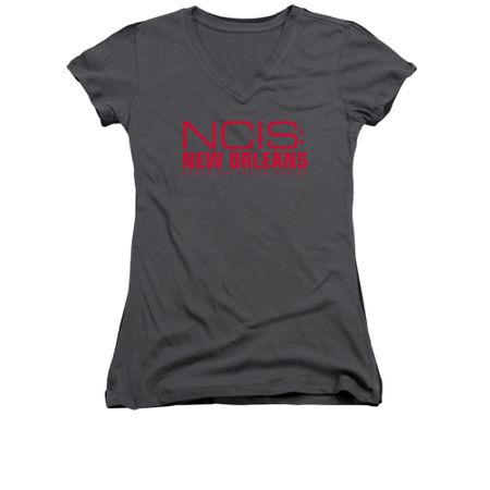 NCIS New Orleans Shirt Juniors V Neck Red Logo Charcoal T-Shirt