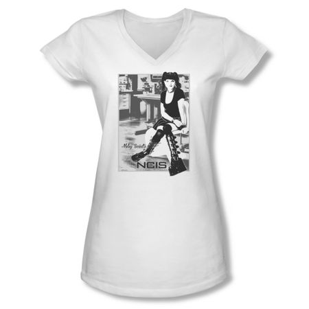 NCIS Shirt Juniors V Neck Abby Sitting White T-Shirt