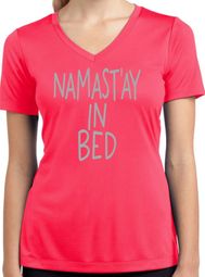 Ladies "Namast'ay in Bed" V-neck Tee, Medium, Hot Coral Pink