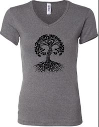 Ladies Black Celtic Tree Ladies V-neck Shirt, Deep Heather Grey, MD