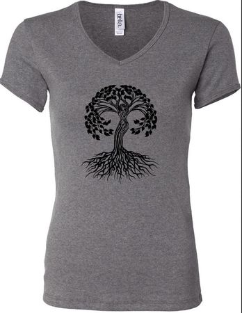 Ladies Black Celtic Tree Ladies V-neck Shirt, Deep Heather Grey, MD
