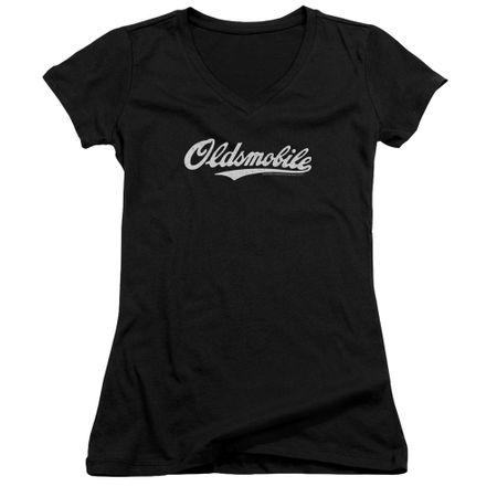 Oldsmobile Juniors V Neck Shirt Cursive Logo Black T-Shirt