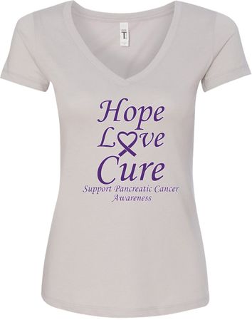 Pancreatic Cancer Tee Hope Love Cure Ladies V-Neck