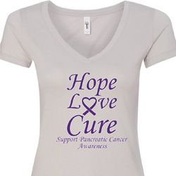 Pancreatic Cancer Tee Hope Love Cure Ladies V-Neck Pancreatic Cancer Tee Hope Love Cure Ladies V-Neck