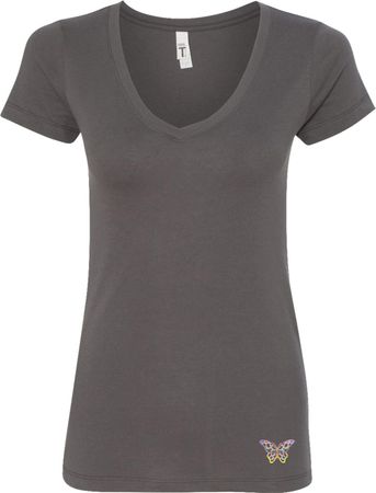 Pastel Butterfly Patch Bottom Print Ladies V-Neck