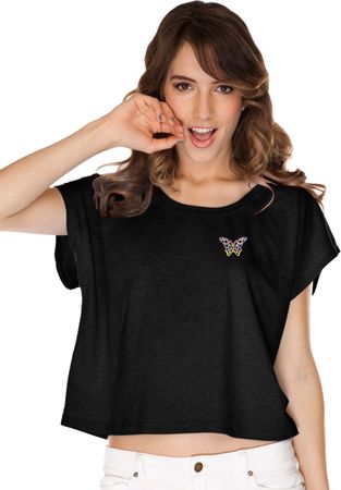 Pastel Butterfly Patch Pocket Print Ladies Boxy Tee