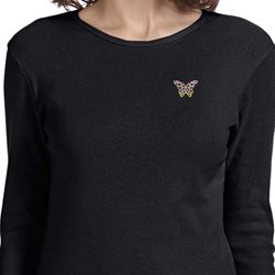 Pastel Butterfly Patch Pocket Print Ladies Long Sleeve