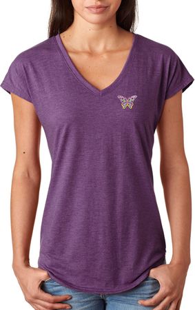 Pastel Butterfly Patch Pocket Print Ladies Tri Blend V-neck