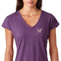 Pastel Butterfly Patch Pocket Print Ladies Tri Blend V-neck