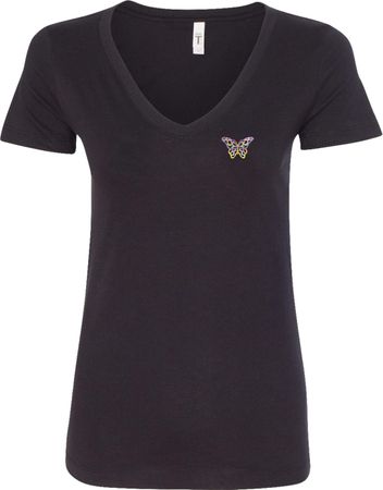 Pastel Butterfly Patch Pocket Print Ladies V-neck