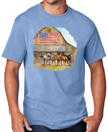Horses Outside Patriotic Flag Barn Adult T-shirt - Light Blue
