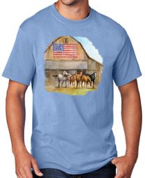 Horses Outside Patriotic Flag Barn Adult T-shirt - Light Blue