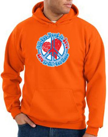 Peace Sign Hoodie All You Need Is Love Adult Hoody Orange