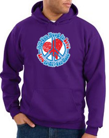 Peace Sign Hoodie All You Need Is Love Adult Hoody Purple