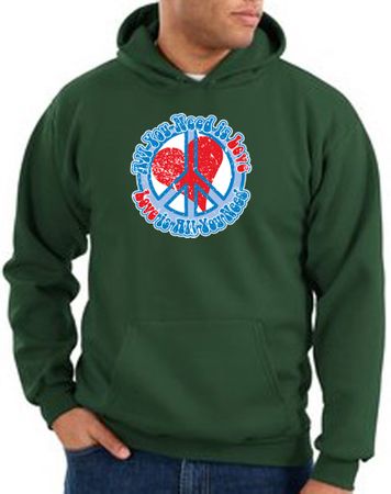Peace Sign Hoodie All You Need Is Love Hoody Dark Green
