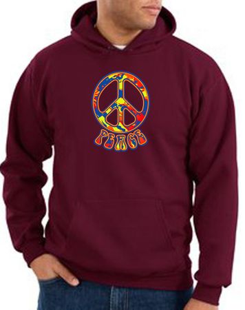 Peace Sign Hoodie Funky 70s Peace Hoody Maroon