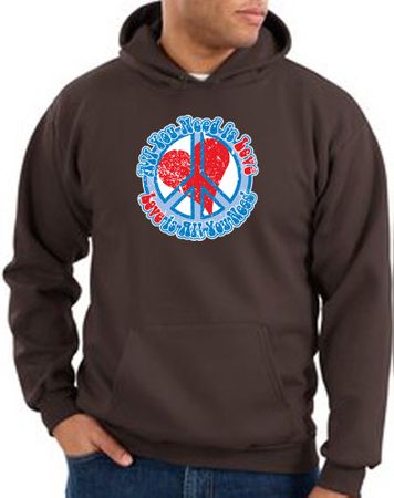 Peace Sign Hoodie Sweatshirt All You Need Is Love Adult Hoody Brown