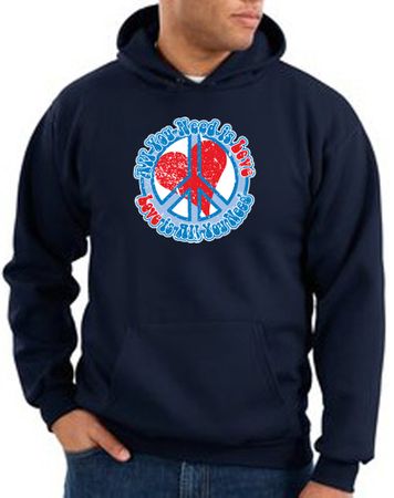 Peace Sign Hoodie Sweatshirt - All You Need Is Love Adult Hoody - Navy