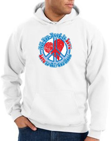 Peace Sign Hoodie Sweatshirt All You Need Is Love Adult Hoody White