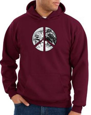 Peace Sign Hoodie Sweatshirt Earth Satellite Image Maroon Hoody