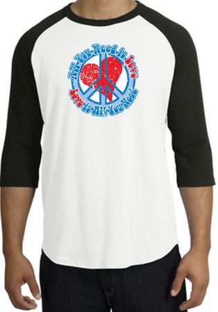 Peace Sign Raglan Shirt - All You Need Is Love Adult Tee - White/Black