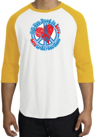 Peace Sign Raglan Shirt - All You Need Is Love Adult Tee - White/Gold