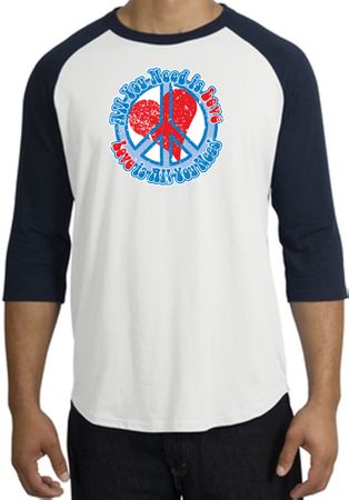 Peace Sign Raglan Shirt - All You Need Is Love Adult Tee - White/Navy