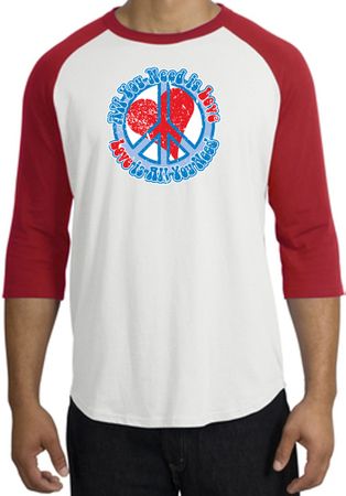 Peace Sign Raglan Shirt - All You Need Is Love Adult Tee - White/Red