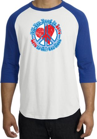 Peace Sign Raglan Shirt - All You Need Is Love Adult Tee - White/Royal